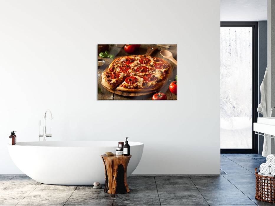 Pixxprint Pizza mit Salami und Tomaten, Glasbild Online