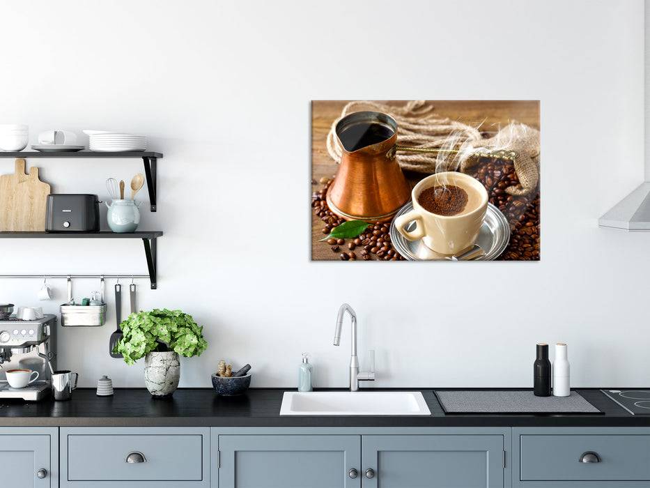 Pixxprint Frisch Kaffee mit Kaffeebohnen, Glasbild Hotsell