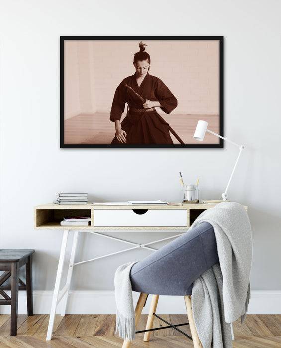 Pixxprint stolze Samurai-Kriegerin, Poster mit Bilderrahmen Fabrikverkauf