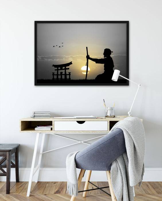 Pixxprint Samurai-Meister vor Horizont, Poster mit Bilderrahmen Blitzverkäufe