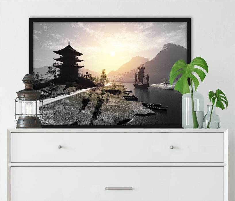Pixxprint asiatischer Tempel an Fluss, Poster mit Bilderrahmen Kostenloser Versand
