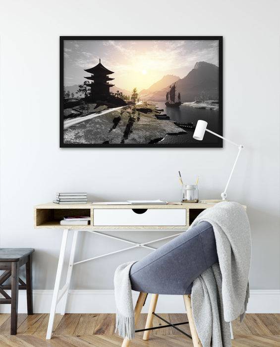Pixxprint asiatischer Tempel an Fluss, Poster mit Bilderrahmen Kostenloser Versand