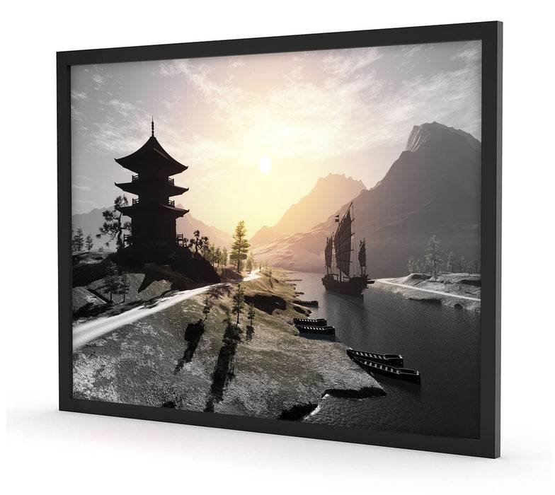 Pixxprint asiatischer Tempel an Fluss, Poster mit Bilderrahmen Kostenloser Versand