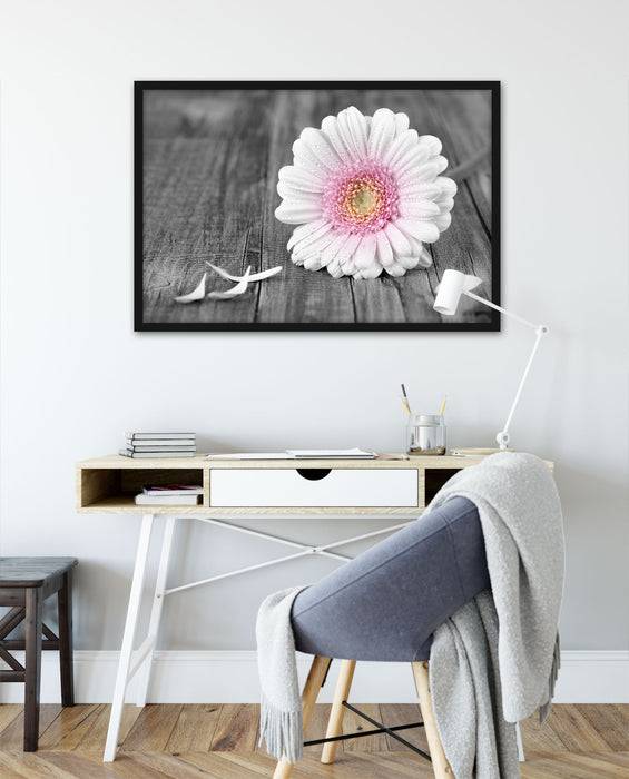 Pixxprint pinke Gerbera auf rustikalem Boden, Poster mit Bilderrahmen Günstig kaufen