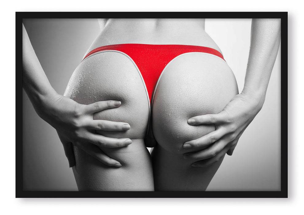 Pixxprint sexy Frauenpo in rotem String, Poster mit Bilderrahmen Versandkostenfrei