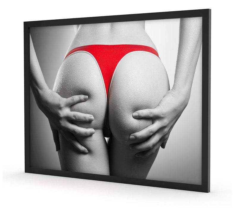 Pixxprint sexy Frauenpo in rotem String, Poster mit Bilderrahmen Versandkostenfrei