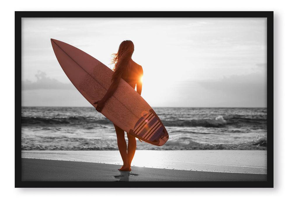 Pixxprint Surferin vor Sonnenuntergang, Poster mit Bilderrahmen