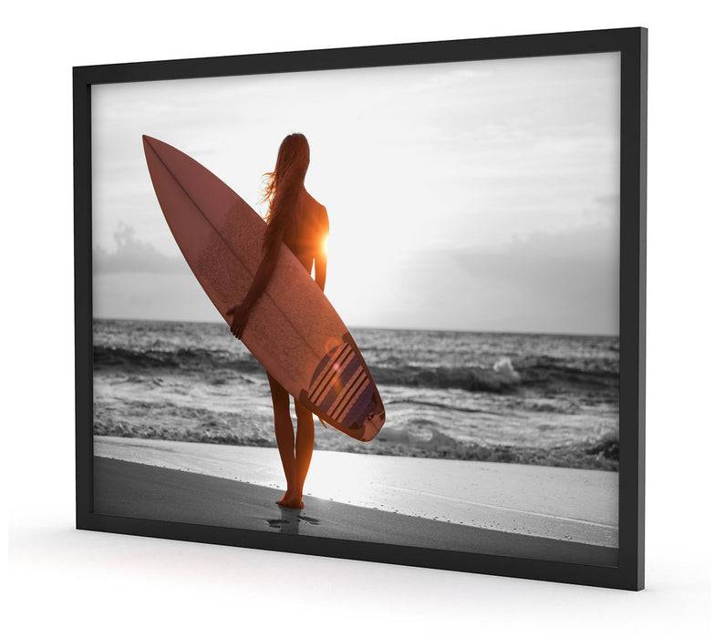 Pixxprint Surferin vor Sonnenuntergang, Poster mit Bilderrahmen Saisonschlussverkauf