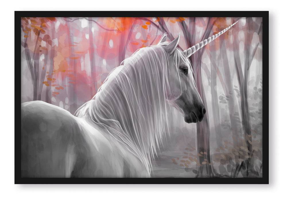 Pixxprint Einsames Einhorn im Wald, Poster mit Bilderrahmen