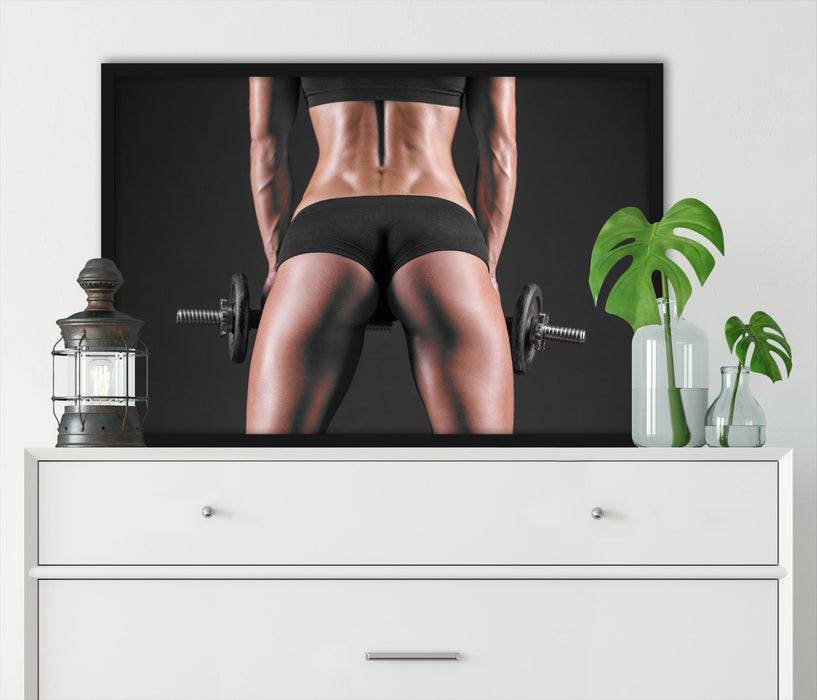Pixxprint Sexy Frau mit Hanteln, Poster mit Bilderrahmen Riesige Ersparnisse
