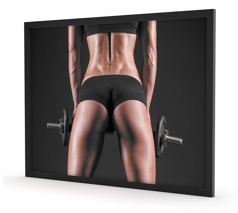Pixxprint Sexy Frau mit Hanteln, Poster mit Bilderrahmen Riesige Ersparnisse