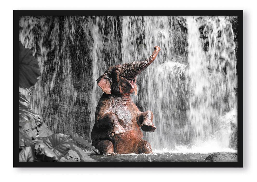 Pixxprint Babyelefant am Wasserfall, Poster mit Bilderrahmen Super Sparpreis