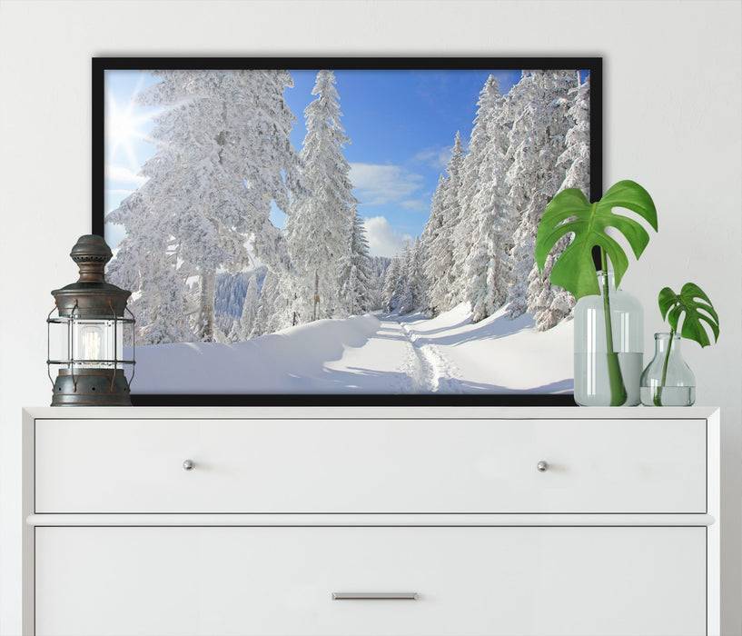 Pixxprint Winterlandschaft Bäume, Poster mit Bilderrahmen Nur noch ein Tag übrig