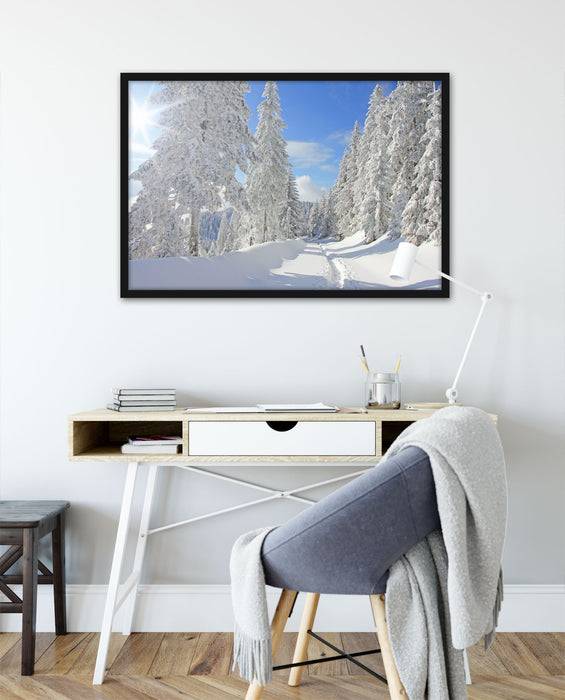 Pixxprint Winterlandschaft Bäume, Poster mit Bilderrahmen Nur noch ein Tag übrig