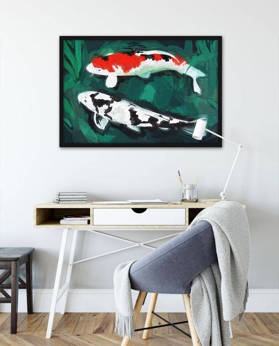 Pixxprint gezeichnete Koi Karpfen, Poster mit Bilderrahmen 50% Rabatt mit kostenlosem Versand
