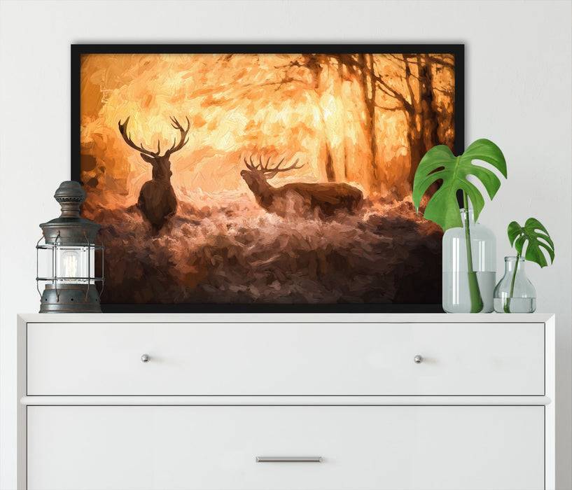 Pixxprint Hirsche im Wald, Poster mit Bilderrahmen Fabrikverkauf