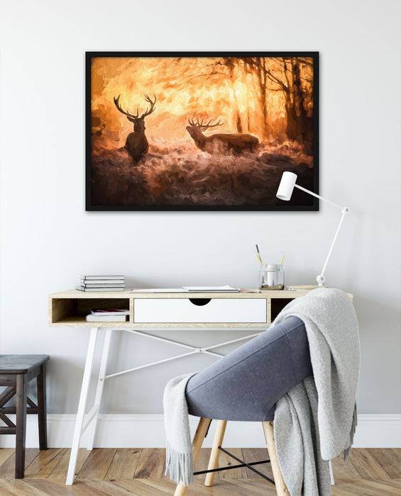 Pixxprint Hirsche im Wald, Poster mit Bilderrahmen Fabrikverkauf