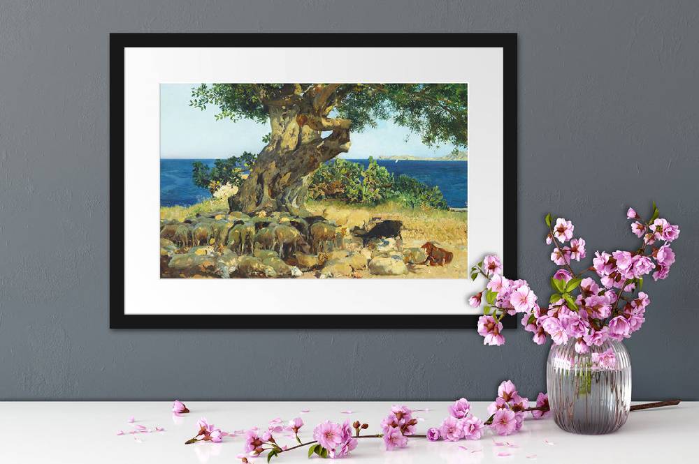 Pixxprint Joaquín Sorolla - Johannisbrotbaum Algarrobo, im Galerie-Passepartout Bilderrahmen Großer Ausverkauf