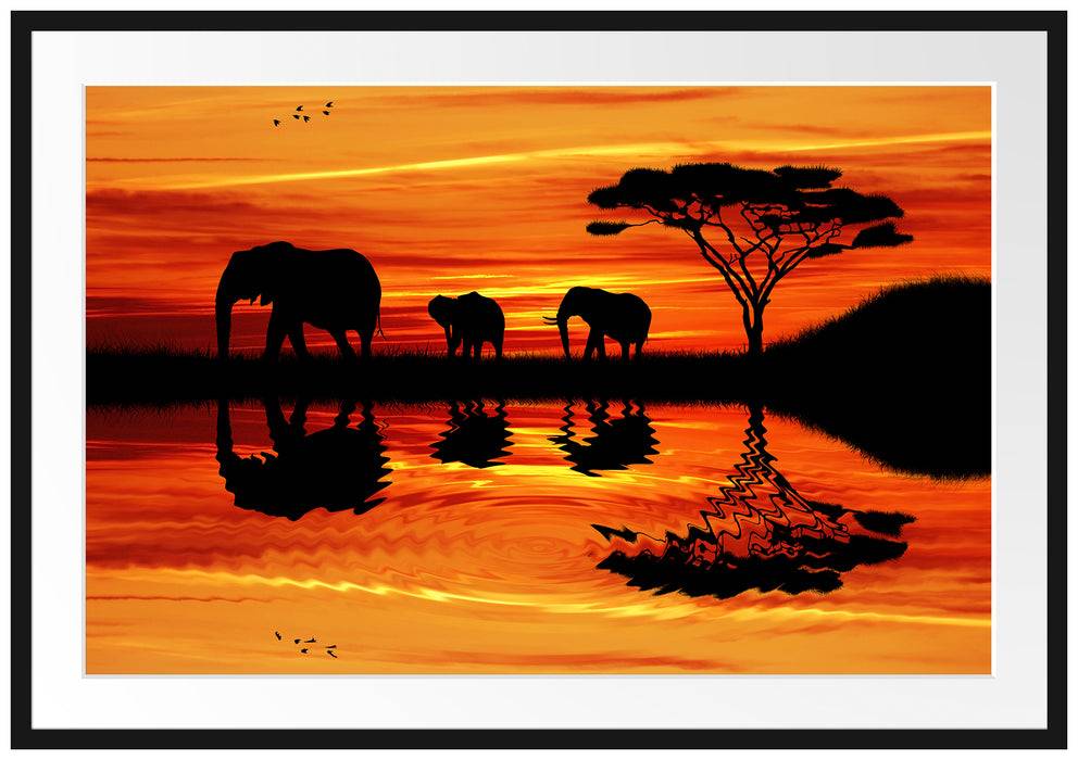 Pixxprint Afrika Elefant in Sonnenschein, im Galerie-Passepartout Bilderrahmen