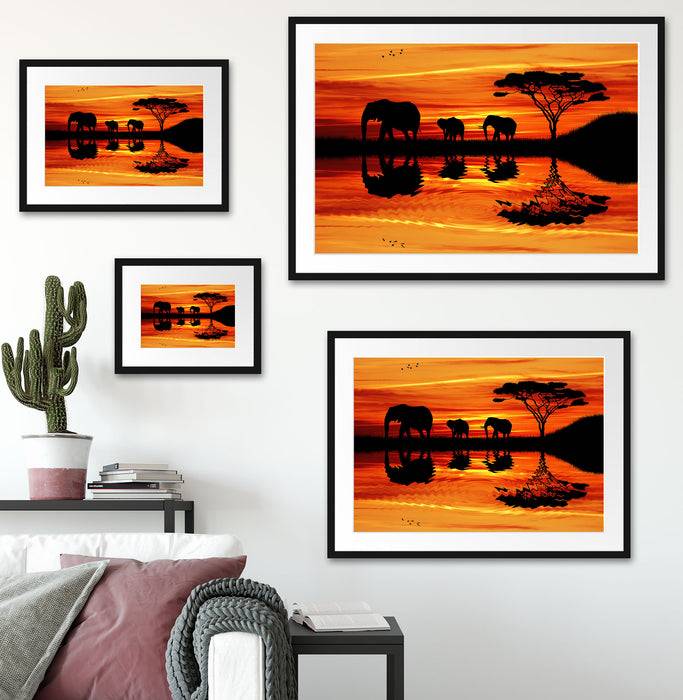 Pixxprint Afrika Elefant in Sonnenschein, im Galerie-Passepartout Bilderrahmen Zeitlich begrenztes Angebot