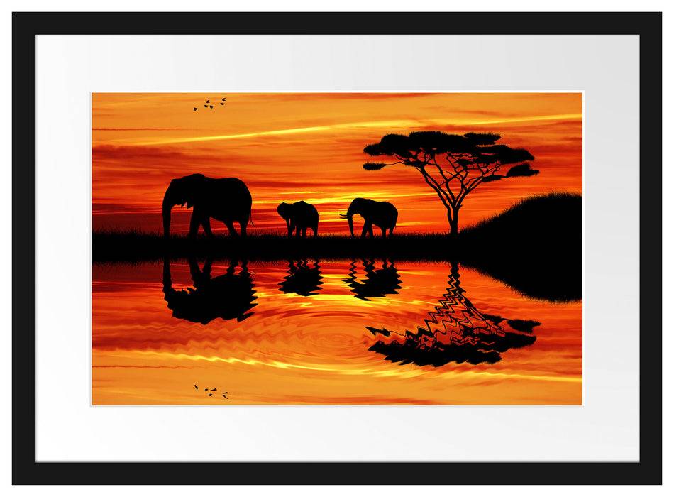 Pixxprint Afrika Elefant in Sonnenschein, im Galerie-Passepartout Bilderrahmen Zeitlich begrenztes Angebot