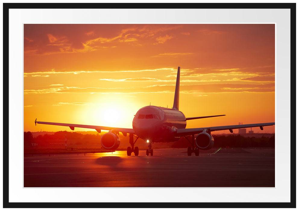 Pixxprint Flugzeug im Sonnenuntergang, im Galerie-Passepartout Bilderrahmen