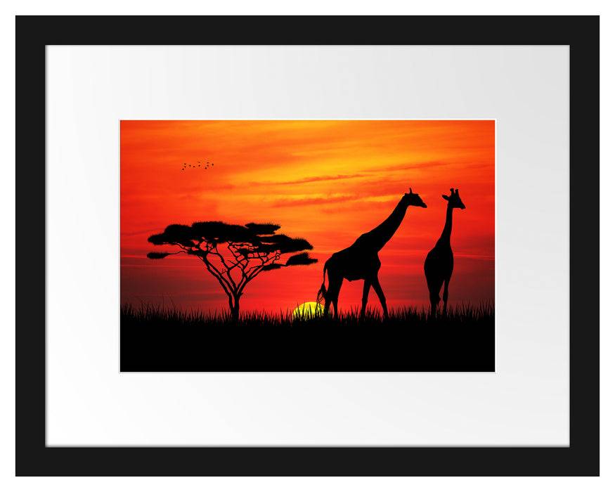 Pixxprint Afrika Giraffen im Sonnenuntergang, im Galerie-Passepartout Bilderrahmen Rabatte dieses Monats