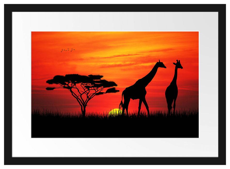 Pixxprint Afrika Giraffen im Sonnenuntergang, im Galerie-Passepartout Bilderrahmen Rabatte dieses Monats