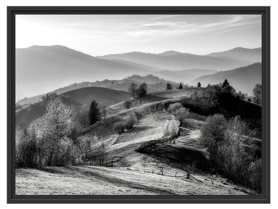 Pixxprint Hügelige Herbstlandschaft bei Sonnenuntergang, Monochrome, im Schwebe-Effekt Bilderrahmen Neueste Mode