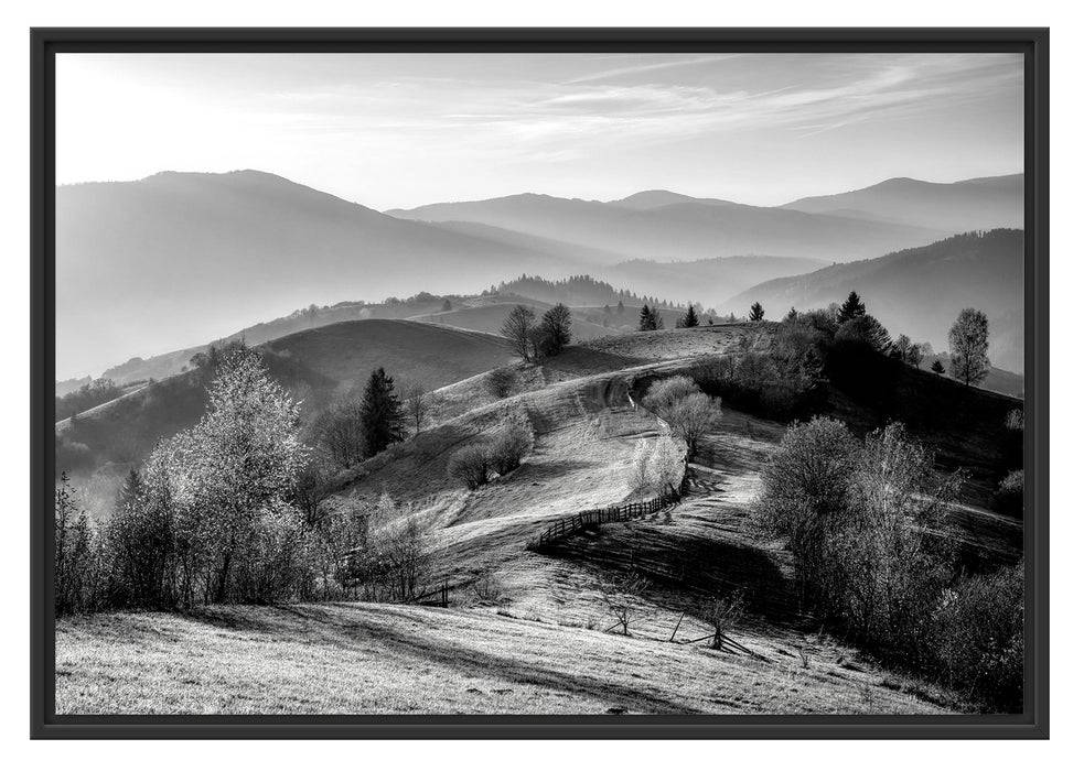 Pixxprint Hügelige Herbstlandschaft bei Sonnenuntergang, Monochrome, im Schwebe-Effekt Bilderrahmen Neueste Mode