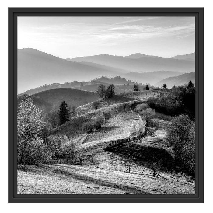 Pixxprint Hügelige Herbstlandschaft bei Sonnenuntergang, Monochrome, im Schwebe-Effekt Bilderrahmen Neueste Mode