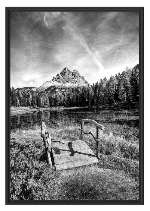 Pixxprint Holzbrücke an Dolomiten See im Herbst, Monochrome, im Schwebe-Effekt Bilderrahmen Bestseller