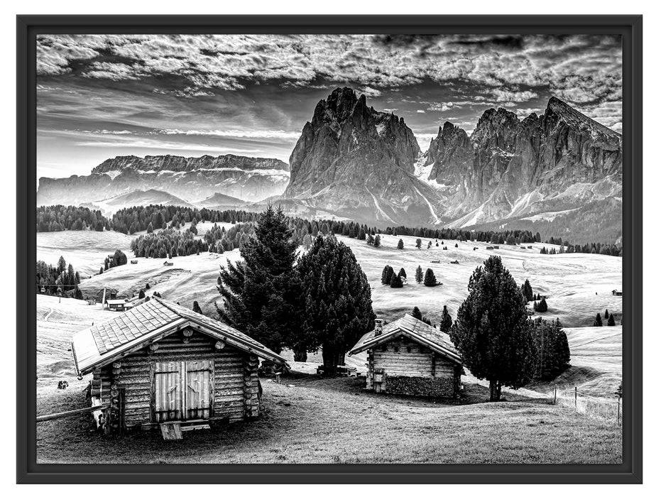 Pixxprint Blockhäuser in den Dolomiten, Monochrome, im Schwebe-Effekt Bilderrahmen Riesige Ersparnisse