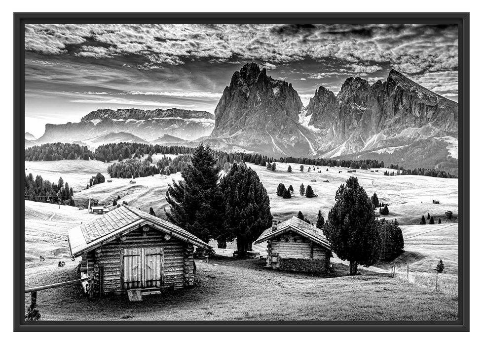 Pixxprint Blockhäuser in den Dolomiten, Monochrome, im Schwebe-Effekt Bilderrahmen Riesige Ersparnisse