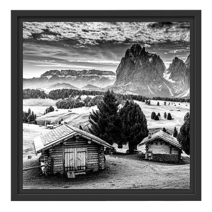 Pixxprint Blockhäuser in den Dolomiten, Monochrome, im Schwebe-Effekt Bilderrahmen Riesige Ersparnisse