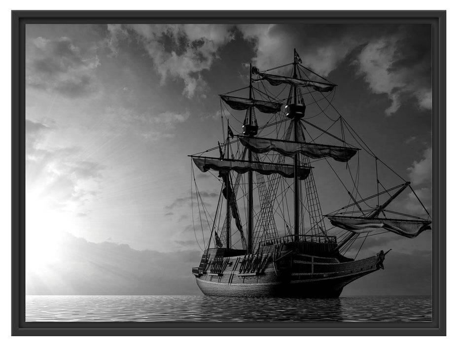 Pixxprint Großes Segelschiff im Sonnenuntergang, Monochrome, im Schwebe-Effekt Bilderrahmen Letzte 3 Tage