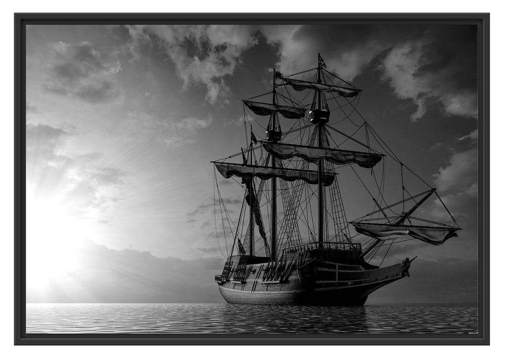 Pixxprint Großes Segelschiff im Sonnenuntergang, Monochrome, im Schwebe-Effekt Bilderrahmen Letzte 3 Tage