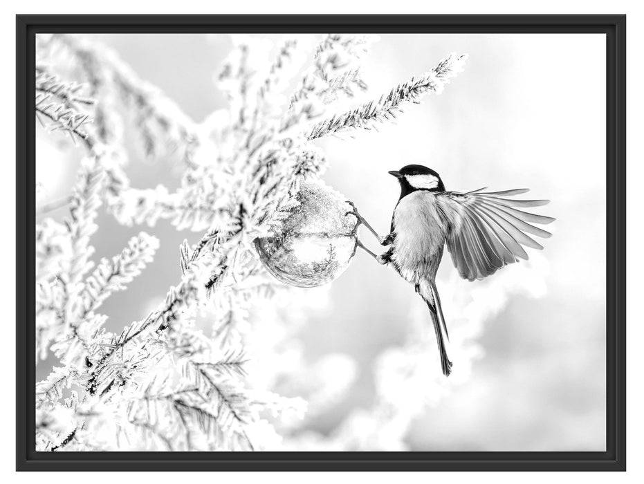 Pixxprint Kohlmeise an goldener Kugel in Winterwald, Monochrome, im Schwebe-Effekt Bilderrahmen Letzte 2 Tage
