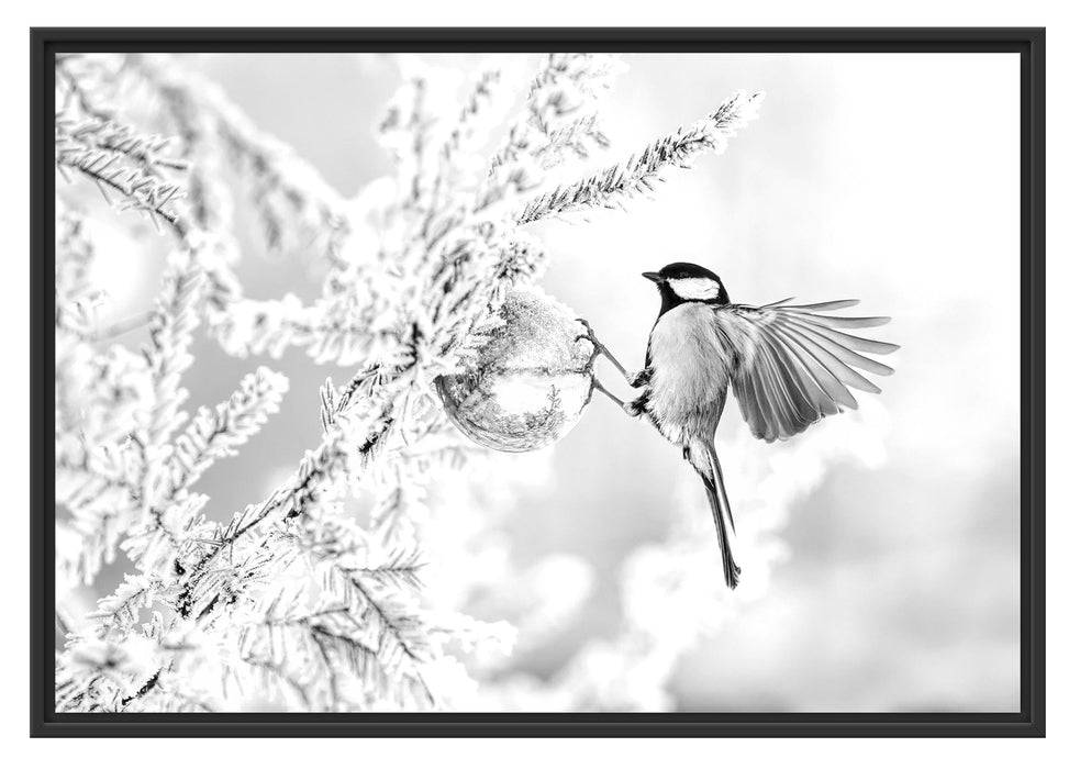 Pixxprint Kohlmeise an goldener Kugel in Winterwald, Monochrome, im Schwebe-Effekt Bilderrahmen Letzte 2 Tage