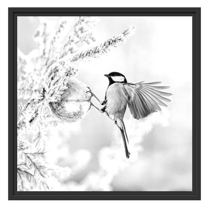 Pixxprint Kohlmeise an goldener Kugel in Winterwald, Monochrome, im Schwebe-Effekt Bilderrahmen Letzte 2 Tage