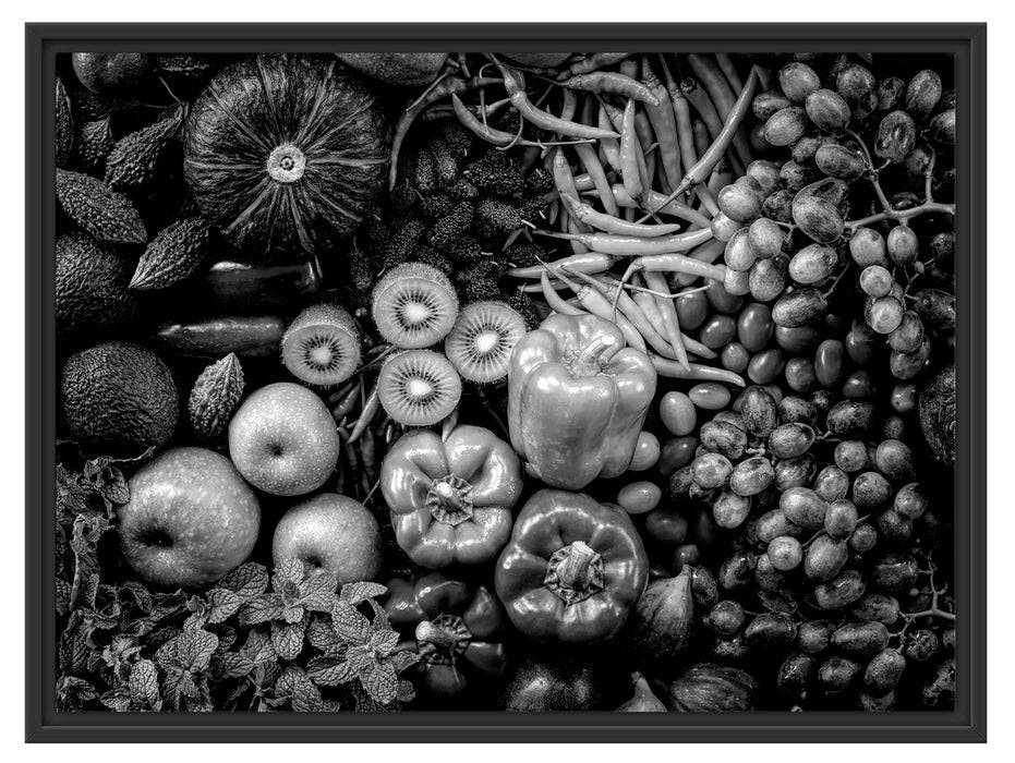 Pixxprint Verschiedene bunte Früchte von oben, Monochrome, im Schwebe-Effekt Bilderrahmen Letzter Tag