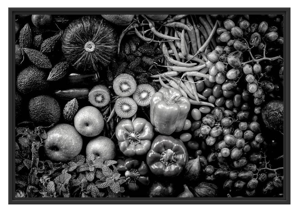 Pixxprint Verschiedene bunte Früchte von oben, Monochrome, im Schwebe-Effekt Bilderrahmen Letzter Tag