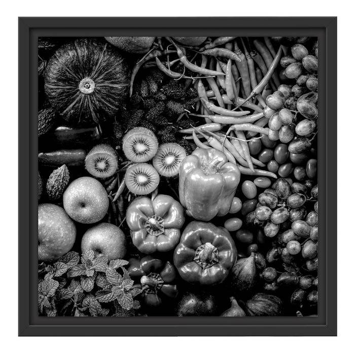 Pixxprint Verschiedene bunte Früchte von oben, Monochrome, im Schwebe-Effekt Bilderrahmen Letzter Tag