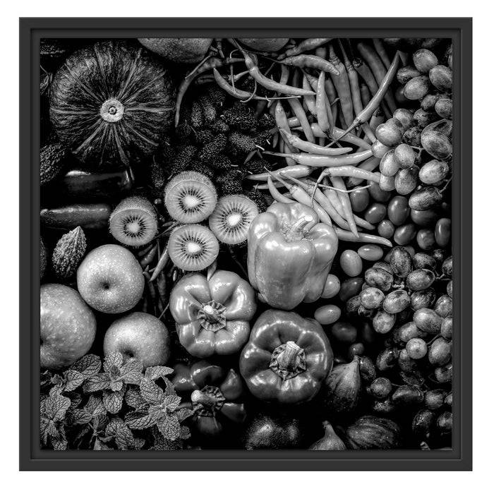Pixxprint Verschiedene bunte Früchte von oben, Monochrome, im Schwebe-Effekt Bilderrahmen Letzter Tag