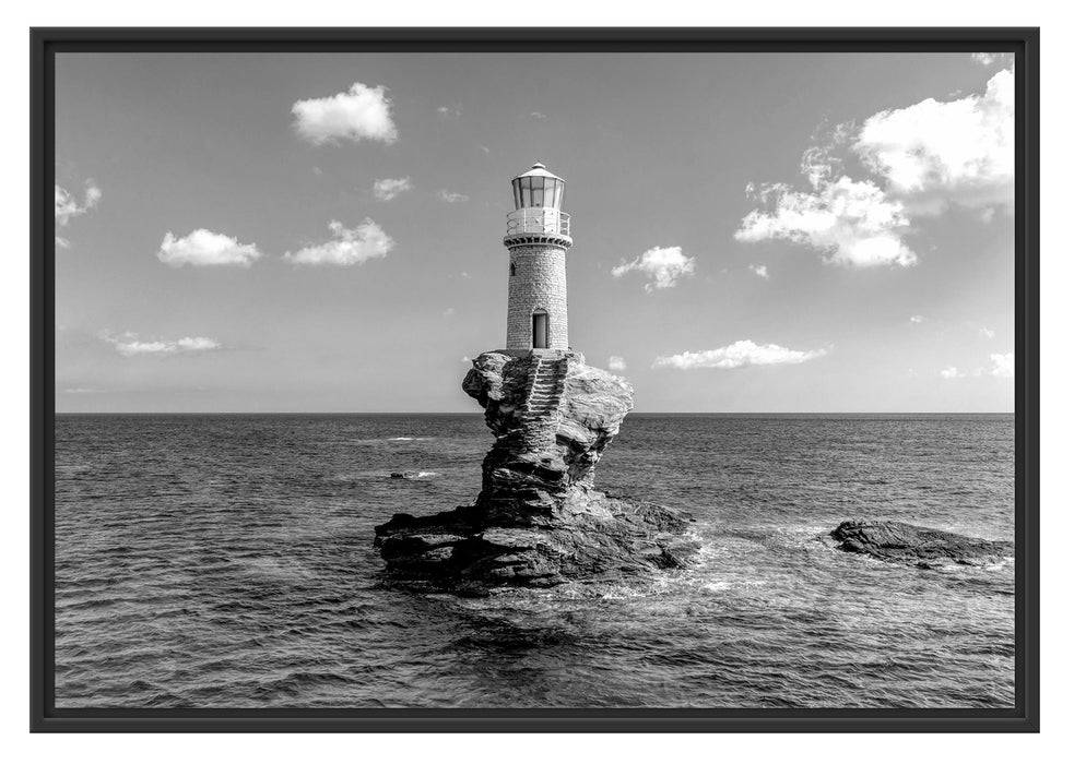 Pixxprint Leuchtturm auf kleiner Insel im Meer, Monochrome, im Schwebe-Effekt Bilderrahmen Bis zu 60% Rabatt