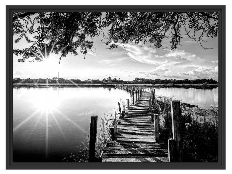 Pixxprint Holzbrücke über Natursee im Sommer, Monochrome, im Schwebe-Effekt Bilderrahmen Bis zu 55% Rabatt