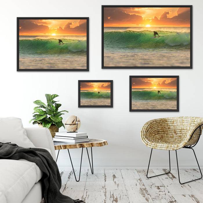 Pixxprint Surfen im Sonnenuntergang, im Schwebe-Effekt Bilderrahmen zollfrei
