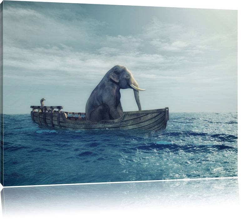 Pixxprint lustig sitzender Elefant im Boot, Leinwandbild Exklusive Angebote