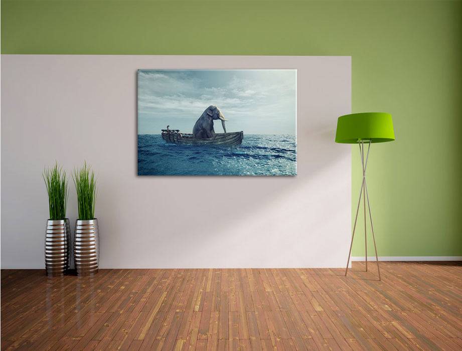 Pixxprint lustig sitzender Elefant im Boot, Leinwandbild Exklusive Angebote