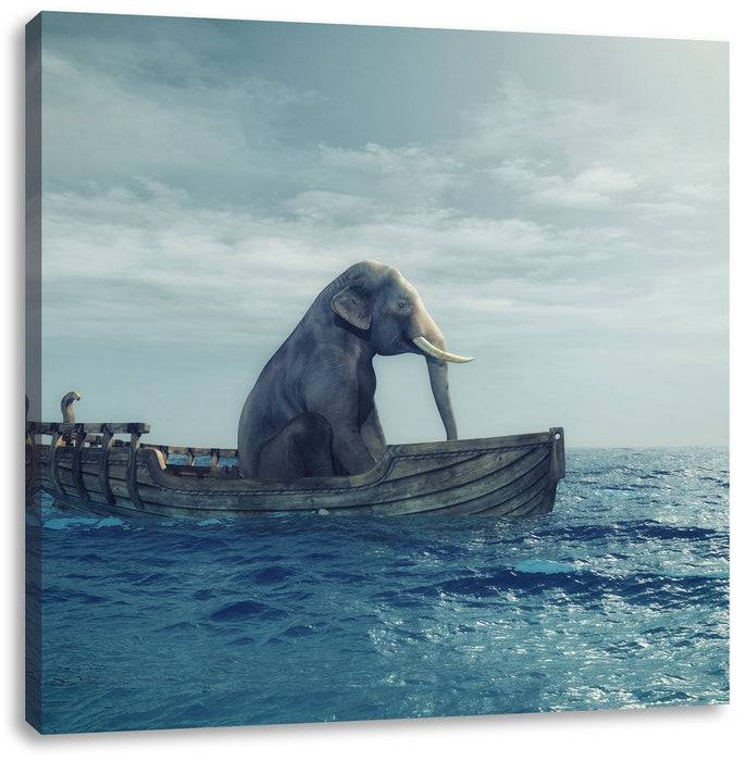 Pixxprint lustig sitzender Elefant im Boot, Leinwandbild Exklusive Angebote